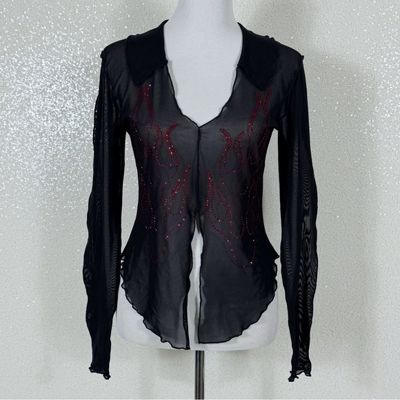 Urban Outfitters Sheer Mesh Rhinestone Flame Top L Y2K Goth Fairy Grunge - Picture 11 of 16